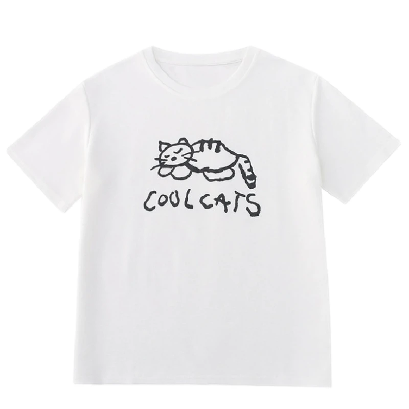 Summer Kawaii Cat T Shirt Women White Cute Cartoon Animal Print Graphic Tees Female Black Basic 2022 Korean Fashion Pink Tops