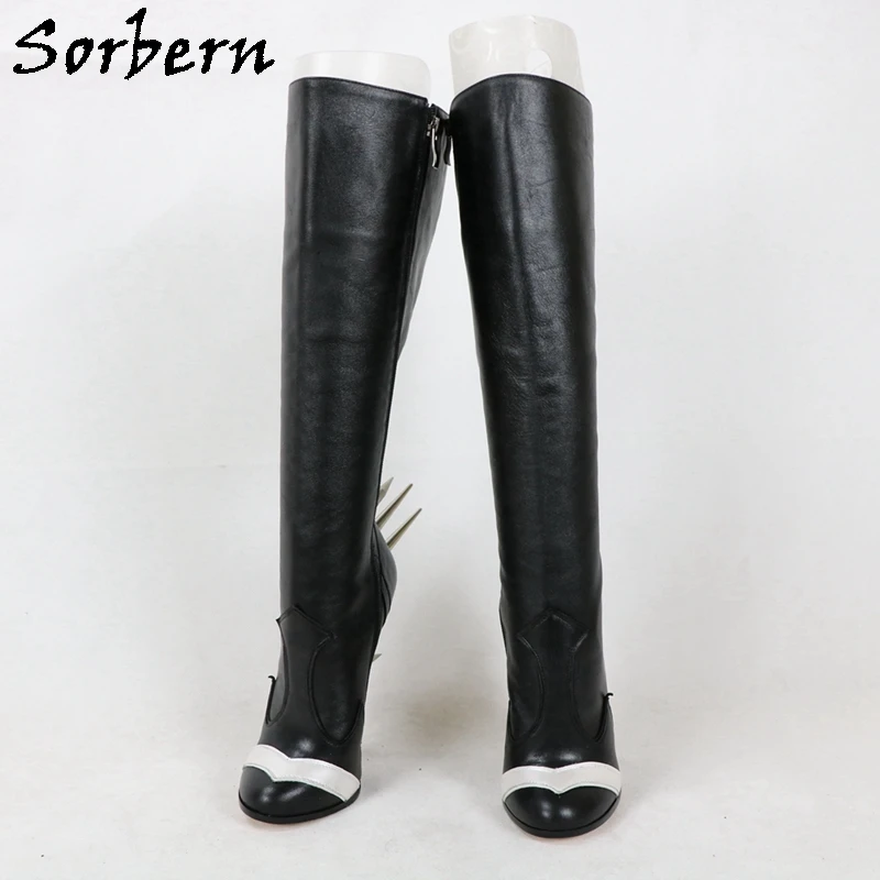 Sorbern Black Matte Knee High Boots With Spark Rivet Cute Round Toe High Arch Heel Stilettos With White Strap Custom