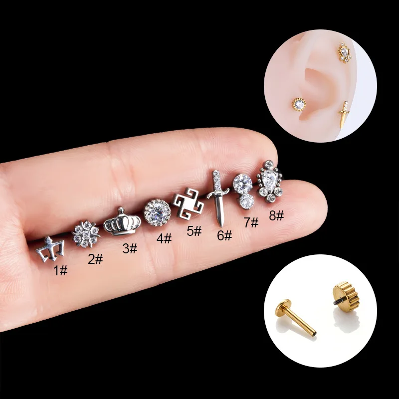 

1PC G23 Titanium Stud Earrings Internal Thread Zircon Cross Flower Labret Flat Back Lobe Helix Tragus Labret Piercing Jewelry