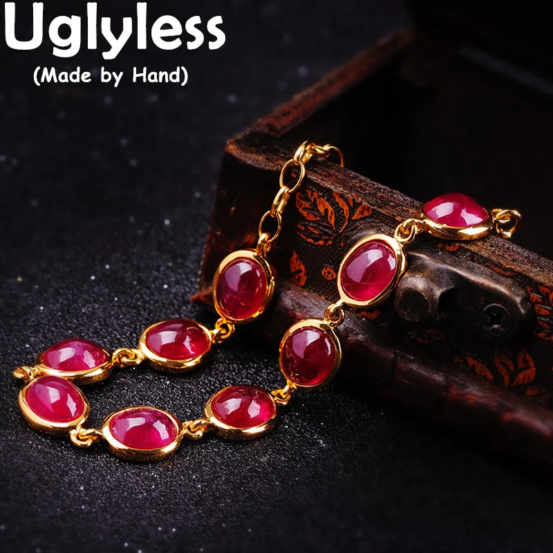 Uglyless Water Drop Top Luxury Natural Ruby Bracelets for Women Real 925 Silver Bracelets Simple Fashion Gemstones Jewelry Gold