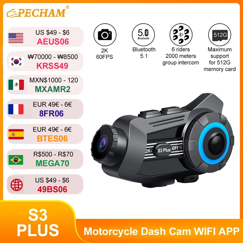 S3PLUS Motorcycle Intercom Helmet Headset Bluetooth 5.1 Wireless Waterproof 6 Riders 1440P 2K Video WiFi Motorcycle Dash Cam DVR