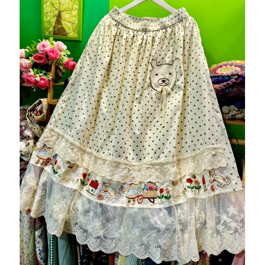 2026 Korean Harajuku Sweet Lolita Kawaii Cute Long Skirt Mori Girl Female Cotton Ruffled Lace Polka Dots Embroidery Midi Skirt