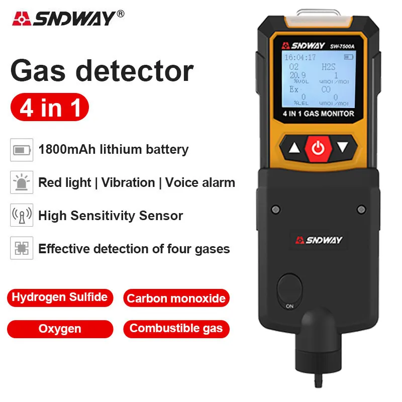 

SNDWAY SW-7500A Gas Detector Meter 4 in 1 Oxygen O2 Carbon Monoxide CO H2S Ex Combustible Gas Analyzer Leak Detector