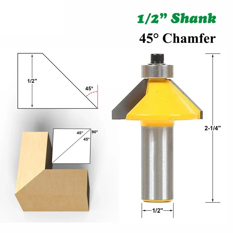 1PC 1/2" 12.7MM Shank Milling Cutter Wood Carving 11.25 15 22.5 30 45 Degree Chamfer Bevel Edging Router Bit Woodworking Cutting