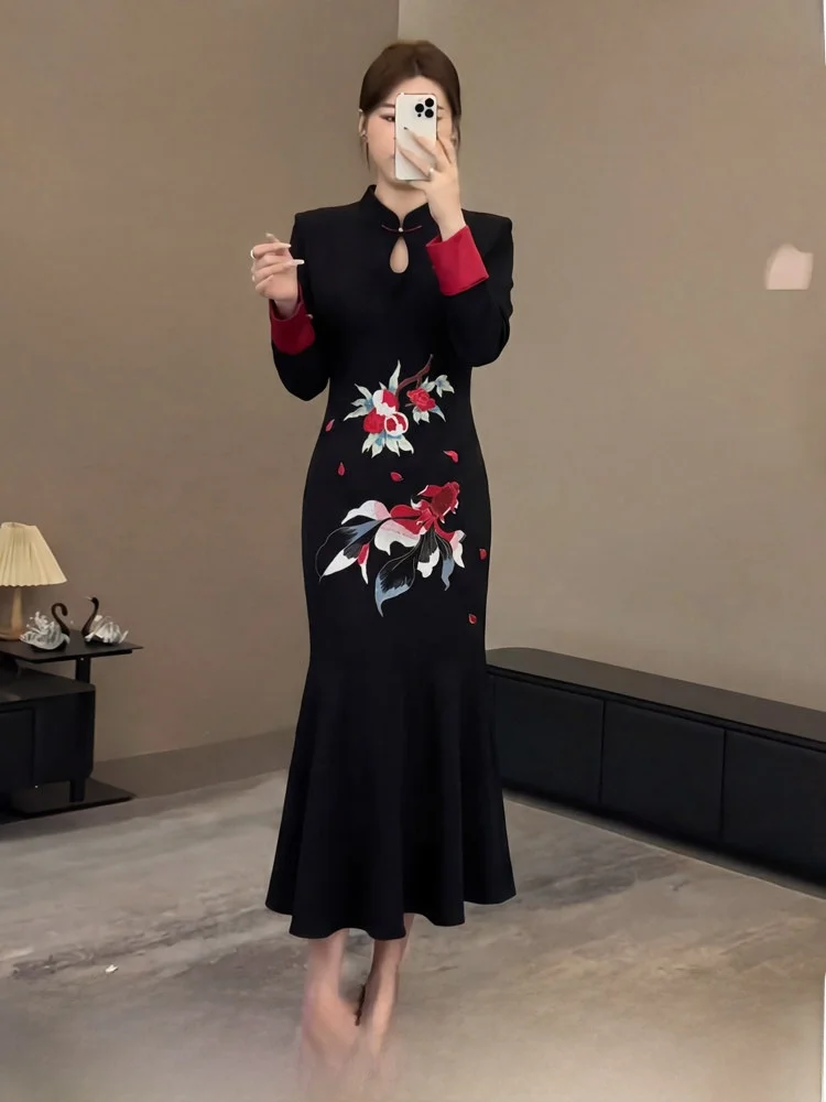 

Ele Long Sve Embroidered Qipao Dr for plus Size Women New Year Special High Waist Ci Commute Date Par Ballwear