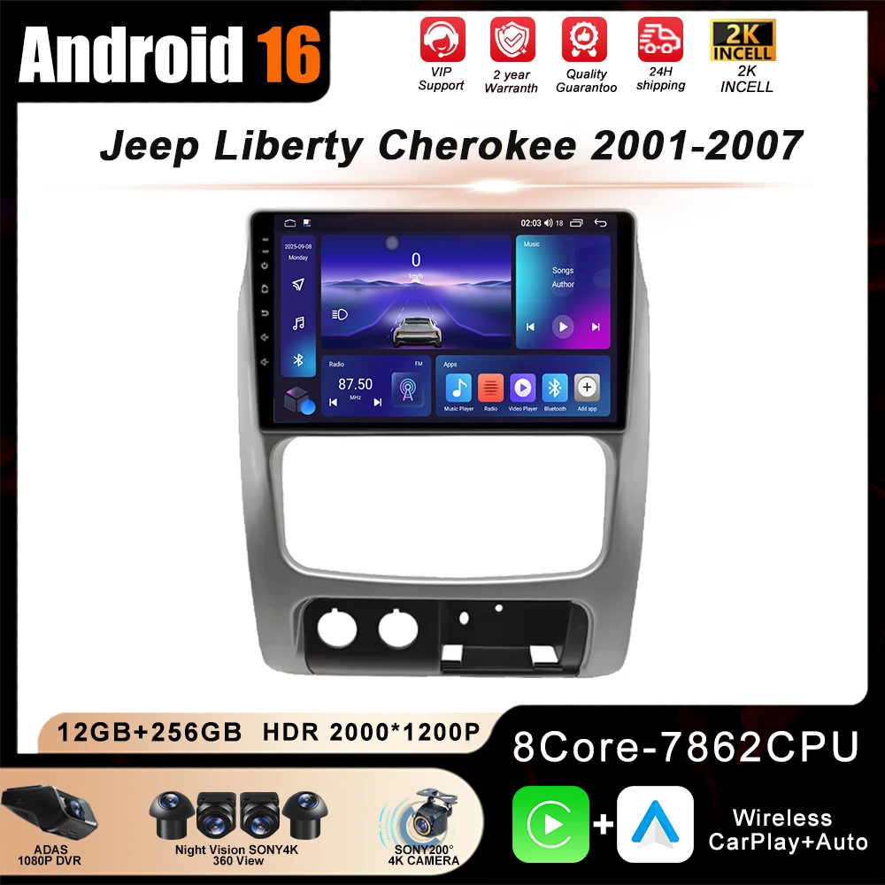 Android 16 Carpaly Navigation GPS For Jeep Liberty Cherokee 2001-2007 Auto Multimedia Video Player Touch Screen 4G WIFI Car DVD
