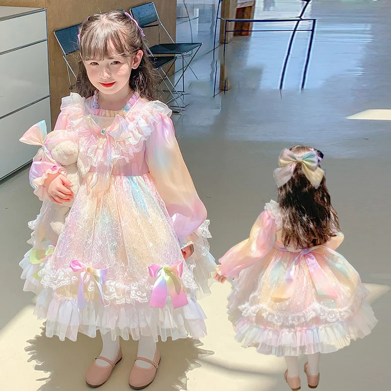 

Gir Rainbow Colors Princess Lolita Dress Bow Decoration Puff Skirt Children's Lace Layered Dress Party Festival Ball Gown Gift