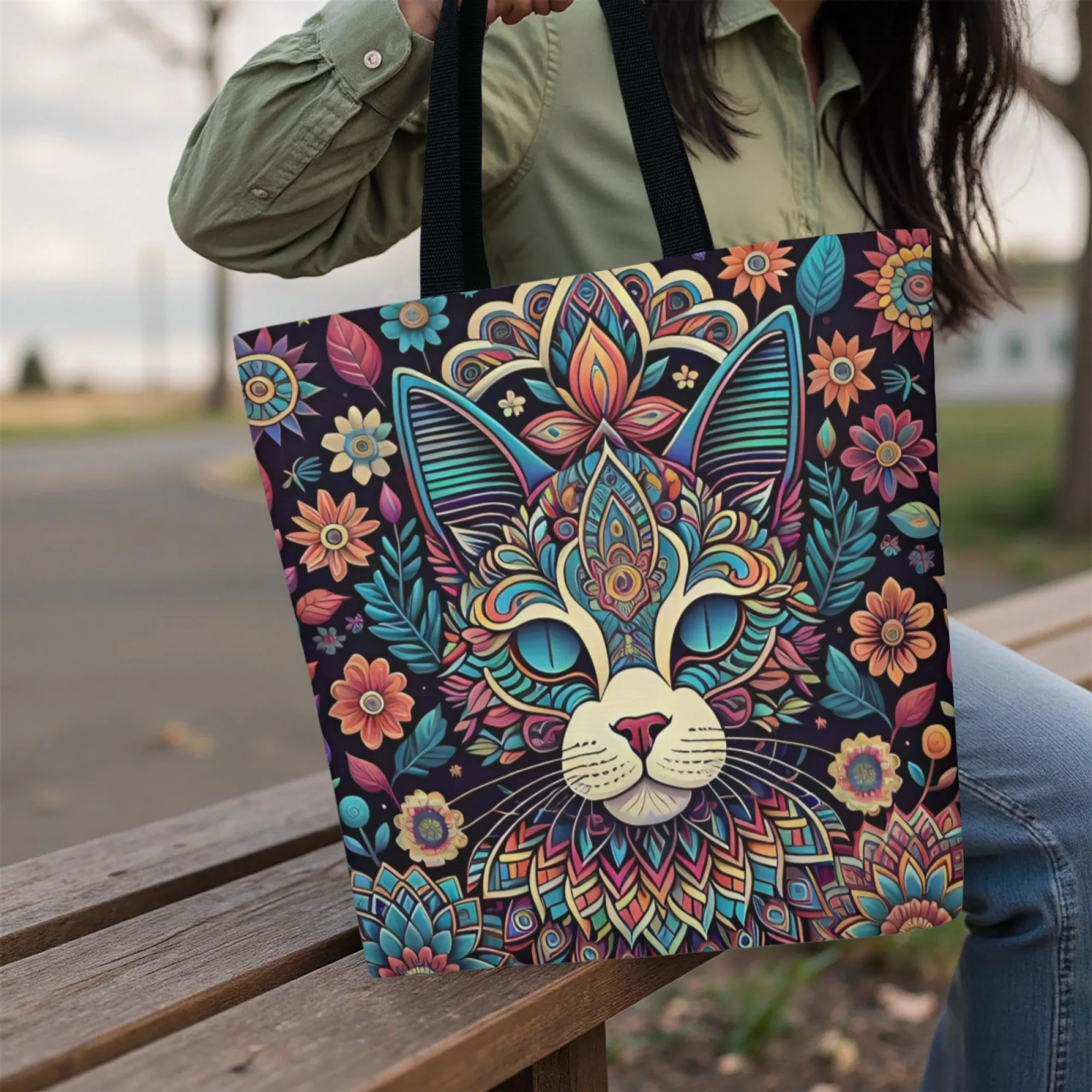 Eco-Friendly Bohemian Floral Cat Canvas Tote Bag Artistic Illustration Shoulder Bag for Women Casual Reusable Ideal for Eco User