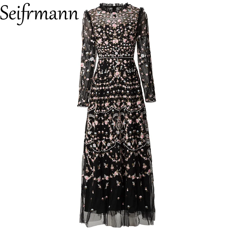 Seifrmann 2026 Spring Women's New Fashionable Round Neck Long Sleeve Spliced Mesh Embroidered Waist cinching Dress