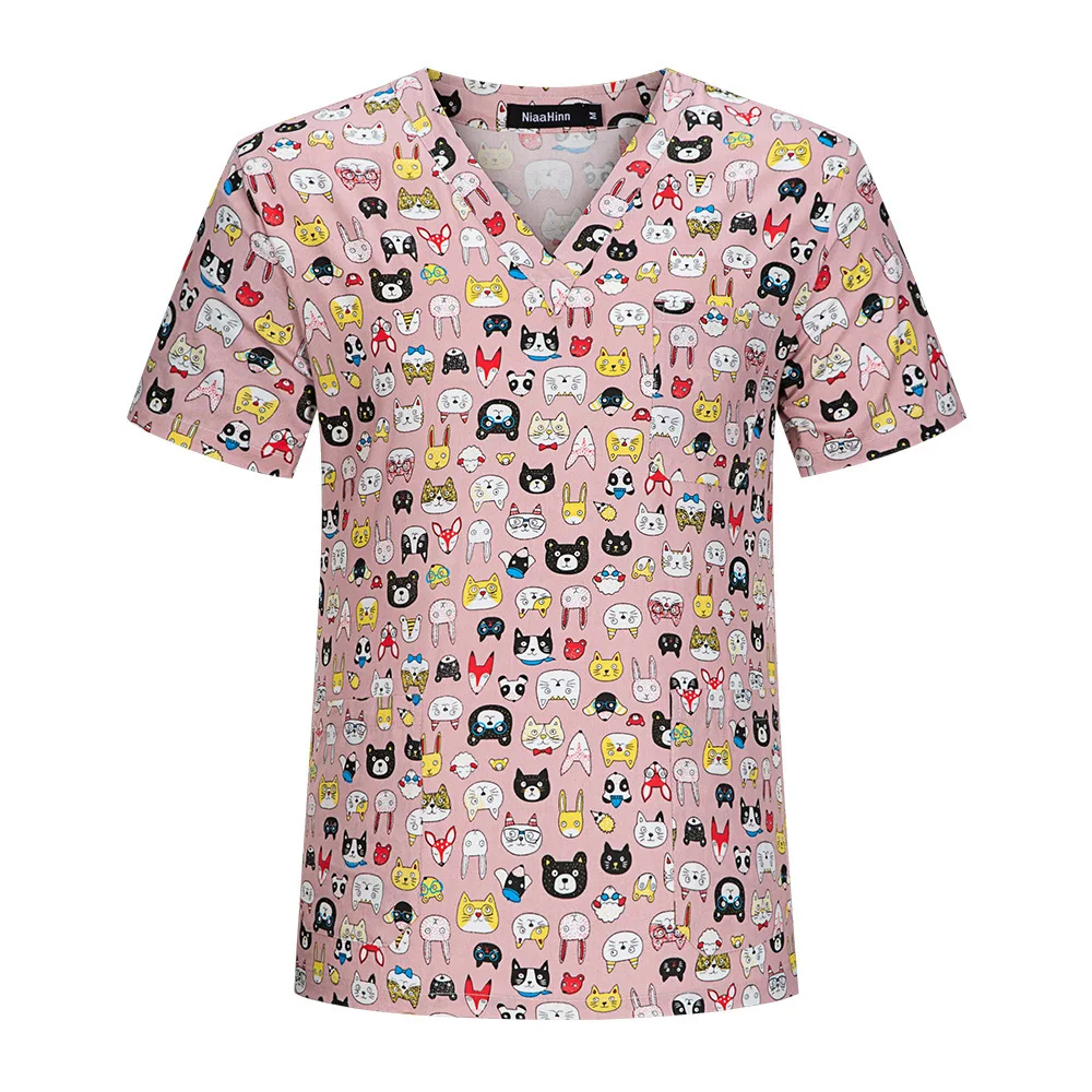 

Nianqing, одежда для мытья рук с мультяшным принтом, детский топ для стоматологической красоты, свободный стиль с короткими рукавами и v-образным вырезом, карман