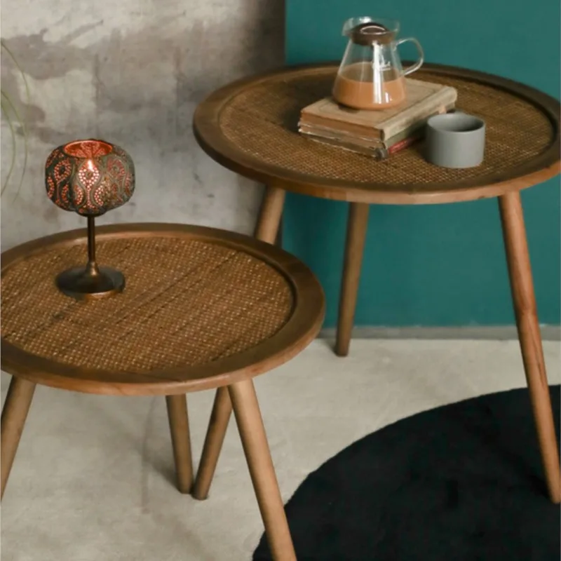 MOMO Bohemian American Retro Solid Wood Coffee Table Natural Rattan Sofa Side Table Balcony Round Table Homestay Table