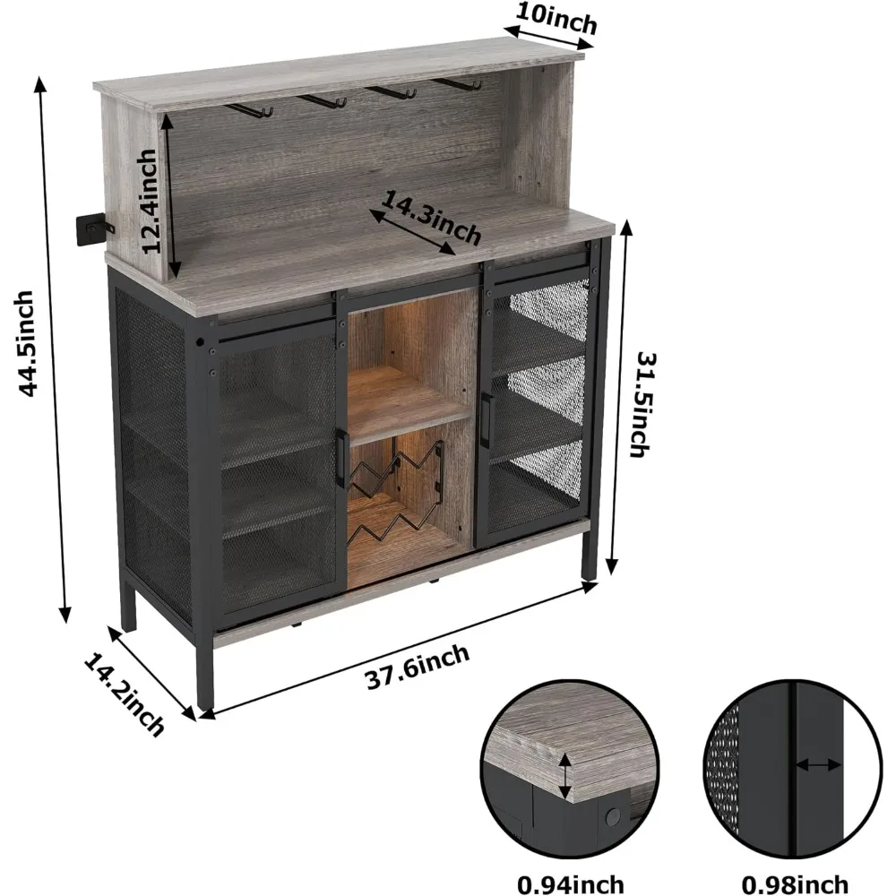 Coffee & Wine Bar Cabinet with Sliding Barn Door, Farmhouse Buffet Cabinet with Wine Rack & Glass Holder, Led Storage Cabinet