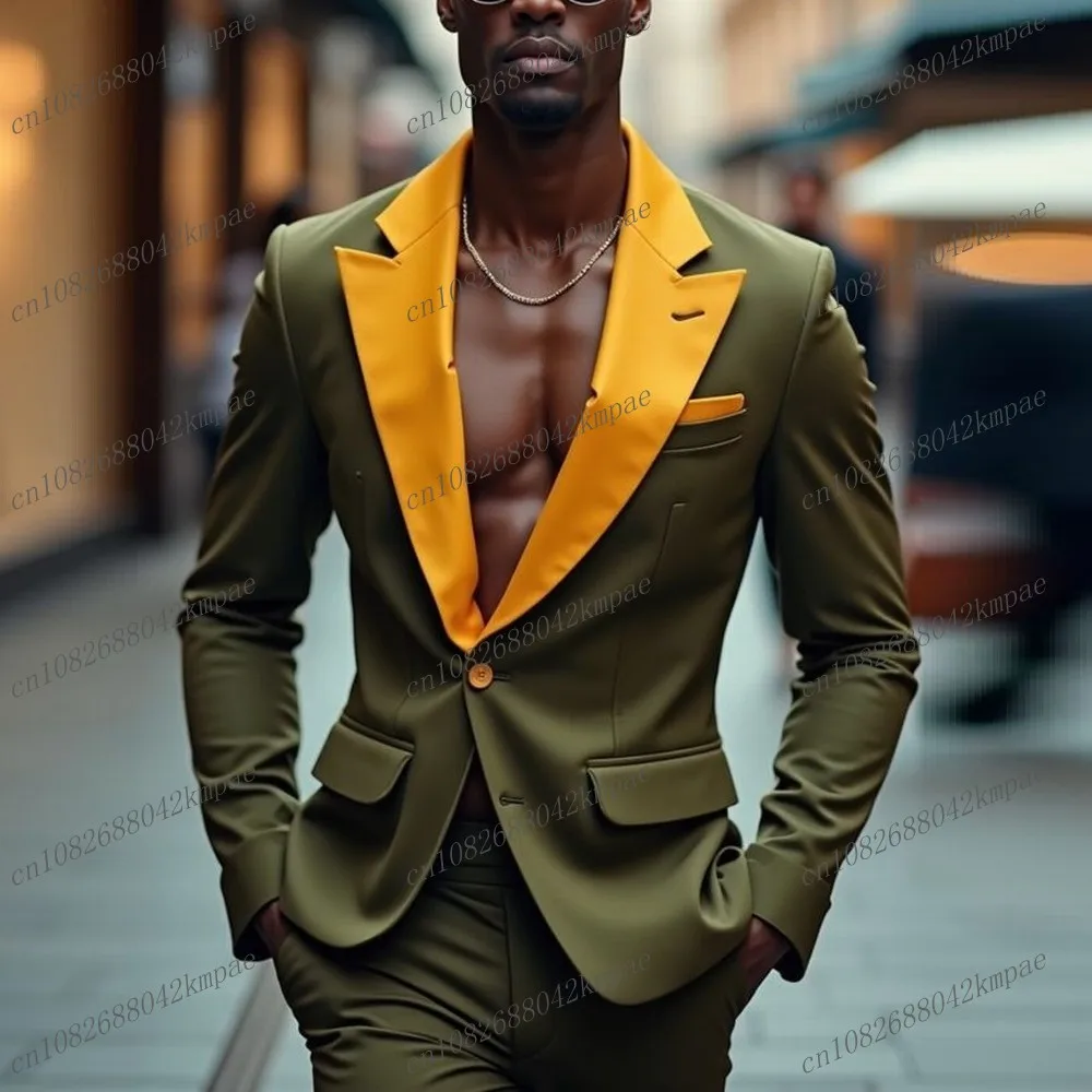

Yellow Collar Army Green Men Formal Tuxedos Groom Groomsman Wedding Party Prom Male Business Suit 2 Piece Set Blazer Pants