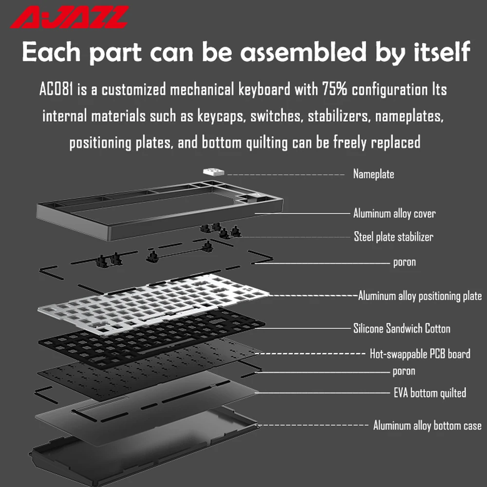 AJAZZ-Teclado mecánico para juegos AC081 75%, periférico con cable RGB de 81 teclas, junta intercambiable en caliente, para jugadores, PC, portátil y de escritorio