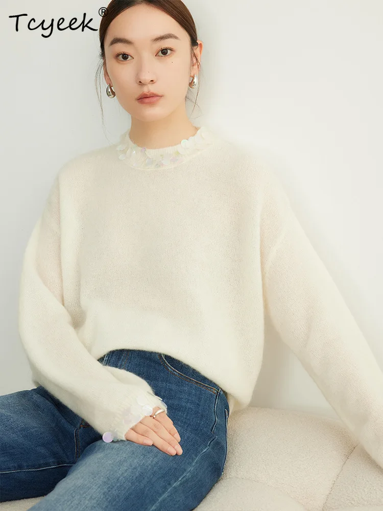 

Tcyeek, Wool Mohair Sweaters, Women Fashion Pullovers, Beadings Round Collar, 2024 Fall Winter Sweater, White, Blue T49223QM
