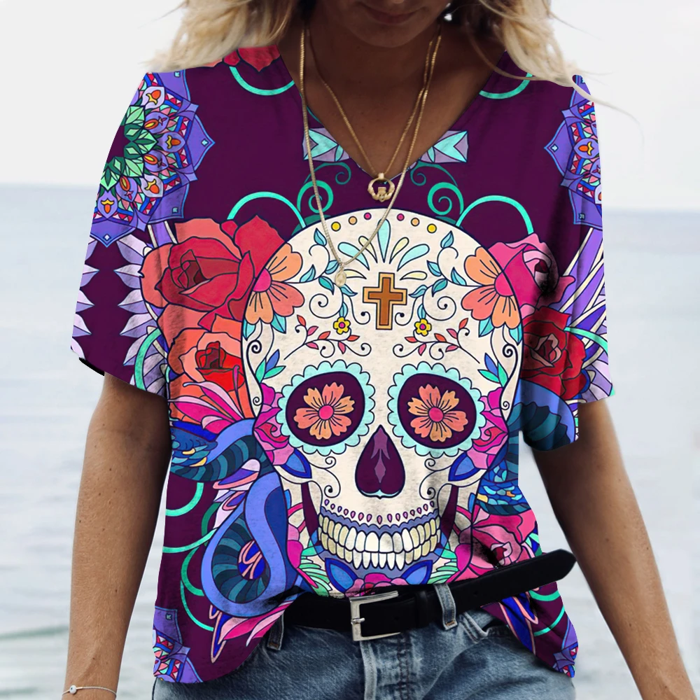 Funny 3D Skull Print T Shirt For Women Summer Hot Sale Short Sleeve Tops Fashion V-neck Women\'s T-Shirts Casual Loose Female Tee