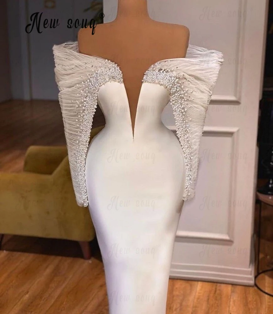 Arabic Off Shoulder Pearls Sheath Dress Women Party Dress For Weddings Formal Gowns Bridal Evening Dresses Custom Made 2023