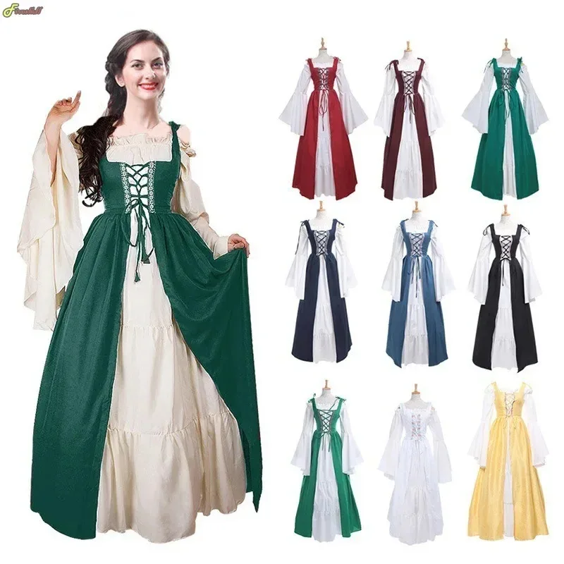 Vestido Medieval de talla grande para mujer, Vestido largo gótico renacentista, Maxi Vestido Retro victoriano con cordones, Vestido de baile Paty, conjunto de dos piezas LEb;4.f