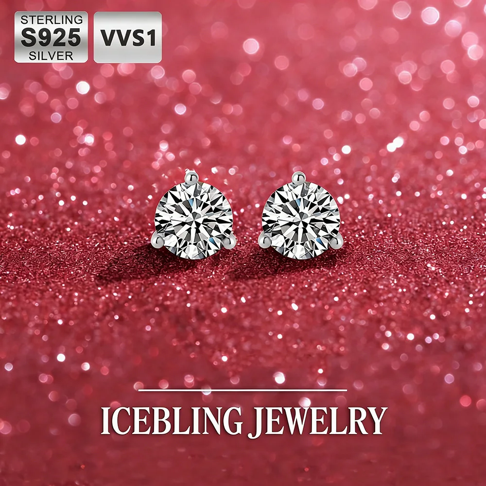 

Серьги-гвоздики ICEBLING с муассанитом 1 карат, серебро 925 пробы, 3 крапана, VVS1, для женщин, гипоаллергенные
