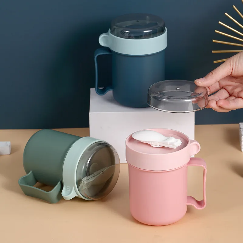 Copo de café da manhã portátil multifuncional copo de aveia cereal porca iogurte caneca lanche micro-ondas com tampa colher lancheira