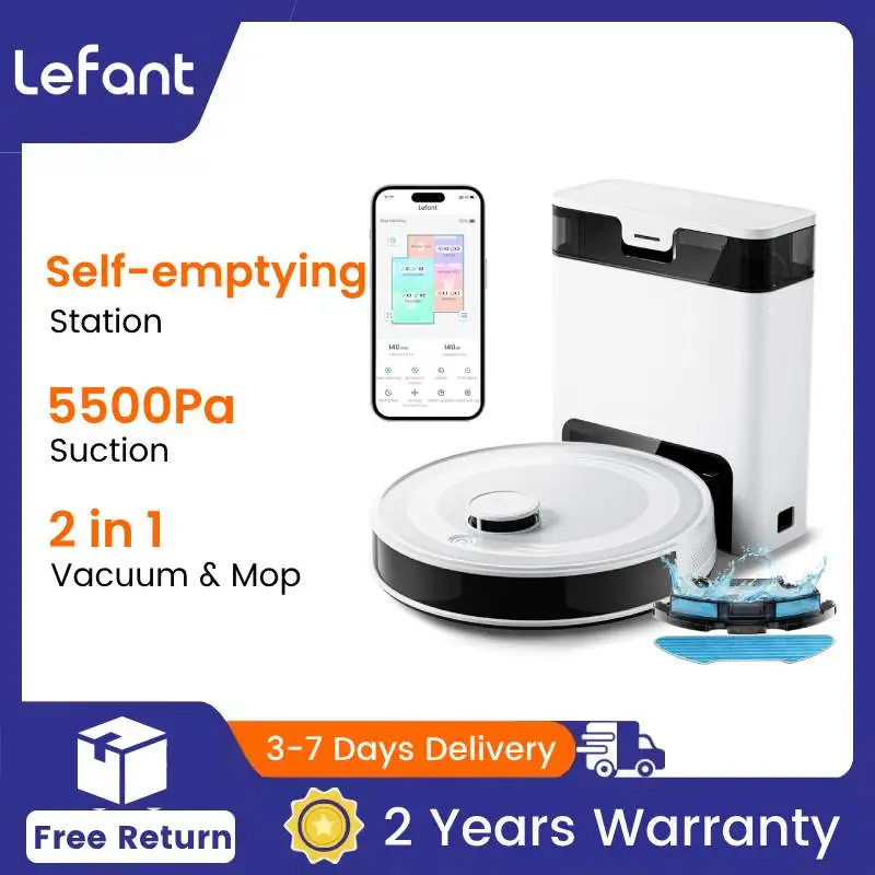 

Lefant M2Pro Robot Vacuum with Mop,Self-Emptying, 5500Pa , DTOF Laser Navigation, PSD Obstacle Avoidance, Wi-fi/Alexa Control