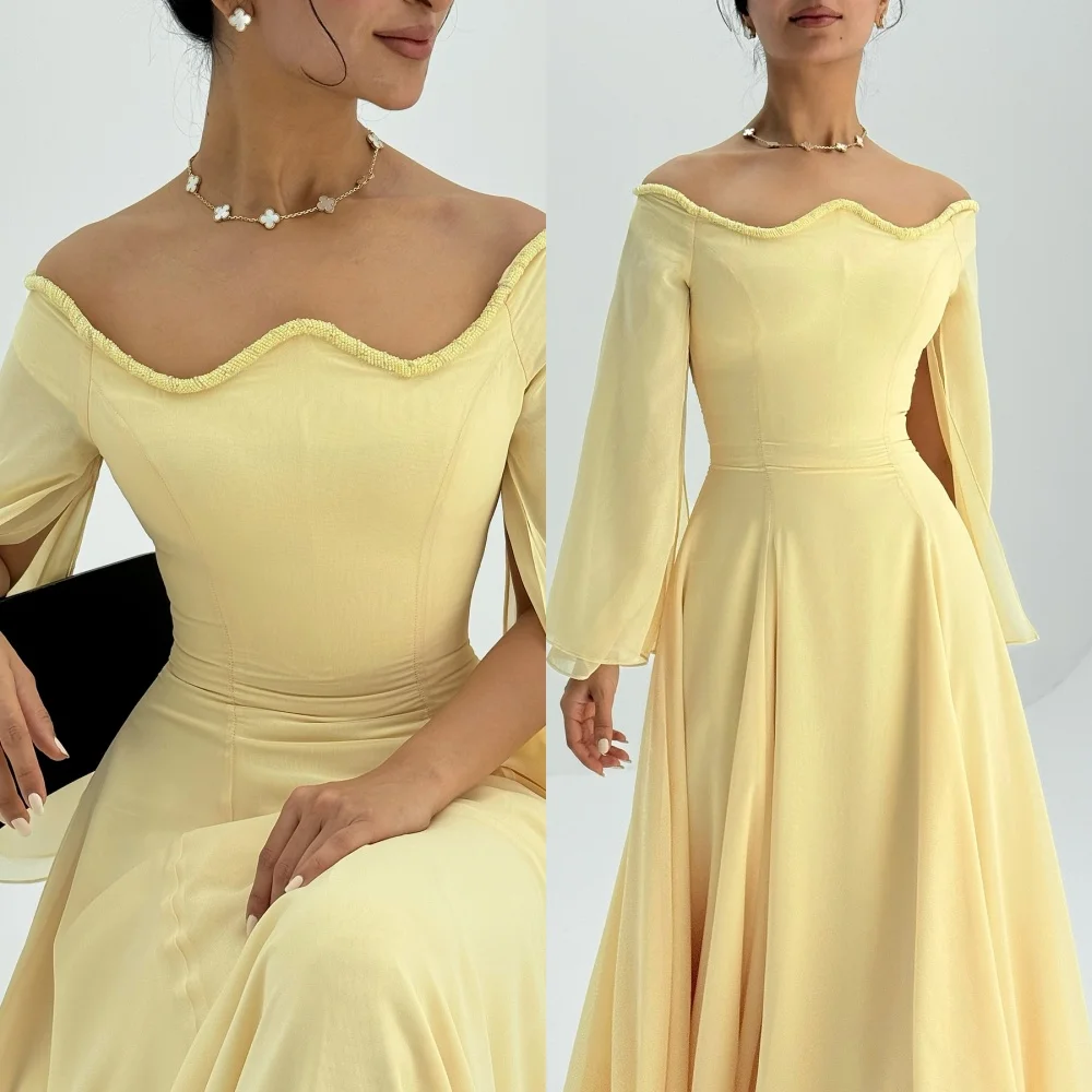 

Customized Exquisite Boat Neck Cap Sleeve Long Sleeves Evening Dress See Through Chiffon Prom Dresses Temperament Party Gowns