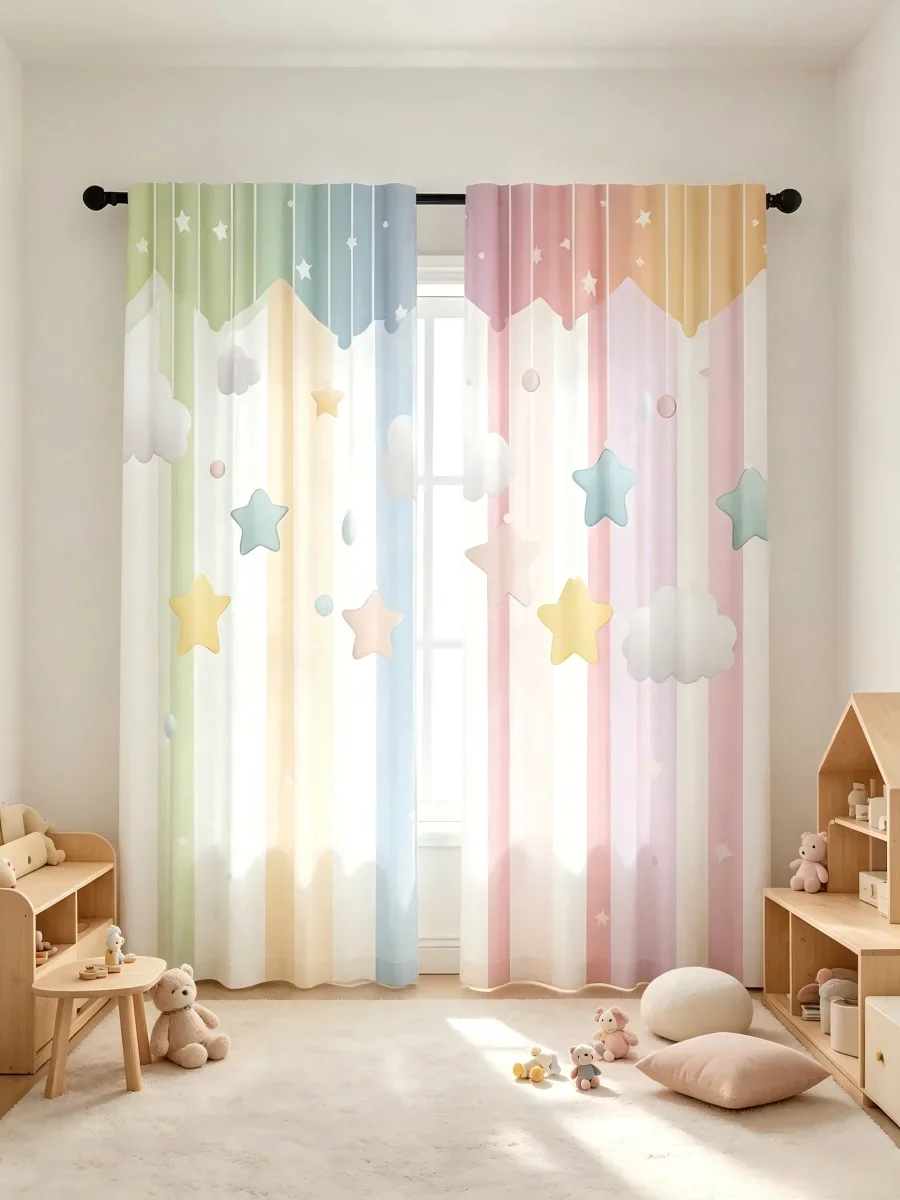 2PCS Digital Printed Curtain, Macaron Clouds and Stars Pattern, Sweet Dreamy Style Window Drapes for Kids Bedroom Nursery Room