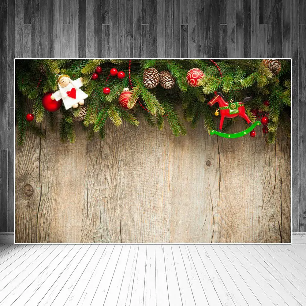 Christmas Pine Holly Cones Rocking Horse Wooden Plank Photography Backgrounds Custom Baby Party Decoration Photo Booth Backdrops