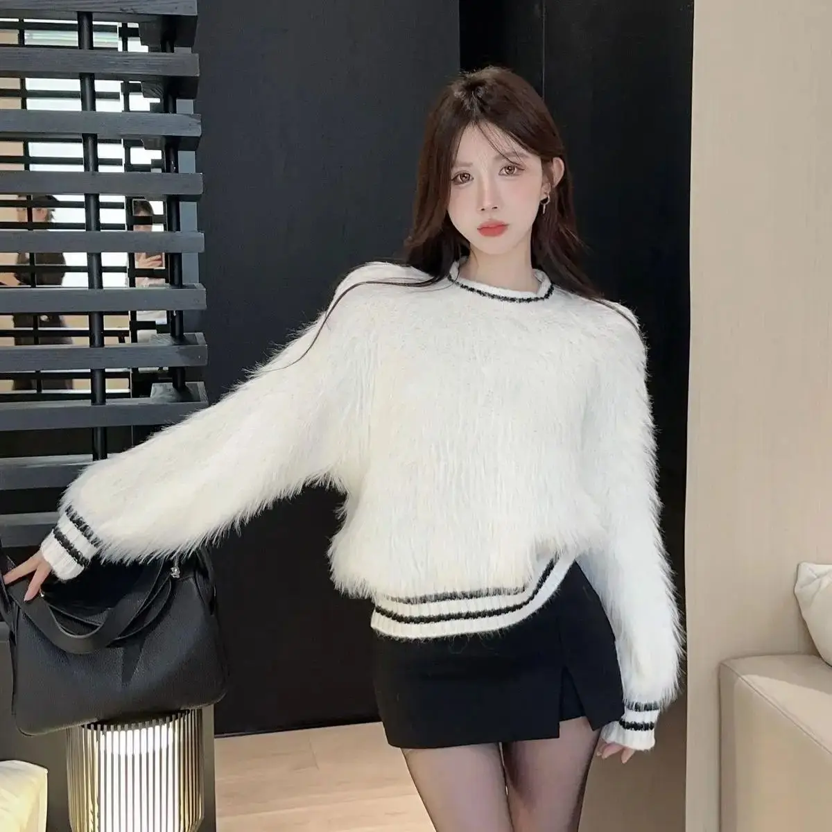 Atasan rajut wanita, Sweater Korea musim gugur musim dingin mode lengan panjang leher O kontras lengan panjang Pullover Vintage