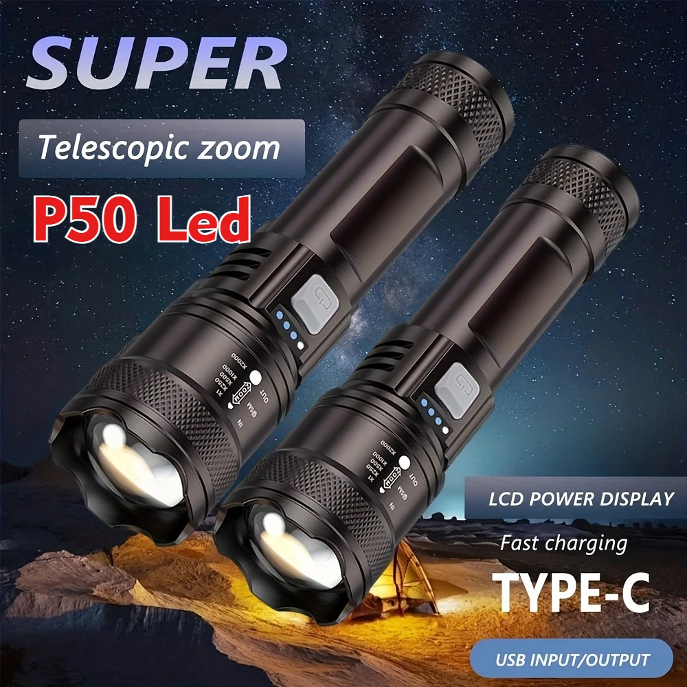 XHP50 Handheld LED Flashlight Power Display Powerful LED Flashlight 300LM Powerful Zoom Lamp Mobile Power Bank for Power Outages
