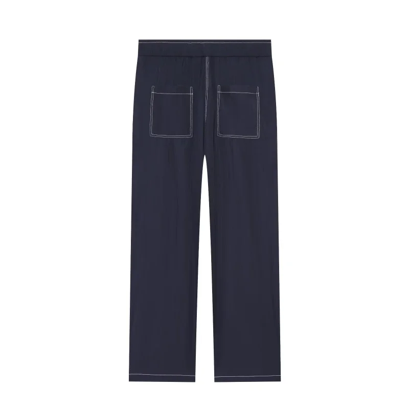 Women 2026 New Contrast Stitching Pajama Pants Elastic Waist Straight Leg Loose Sleep Bottoms Soft Crinkle Fabric Casual