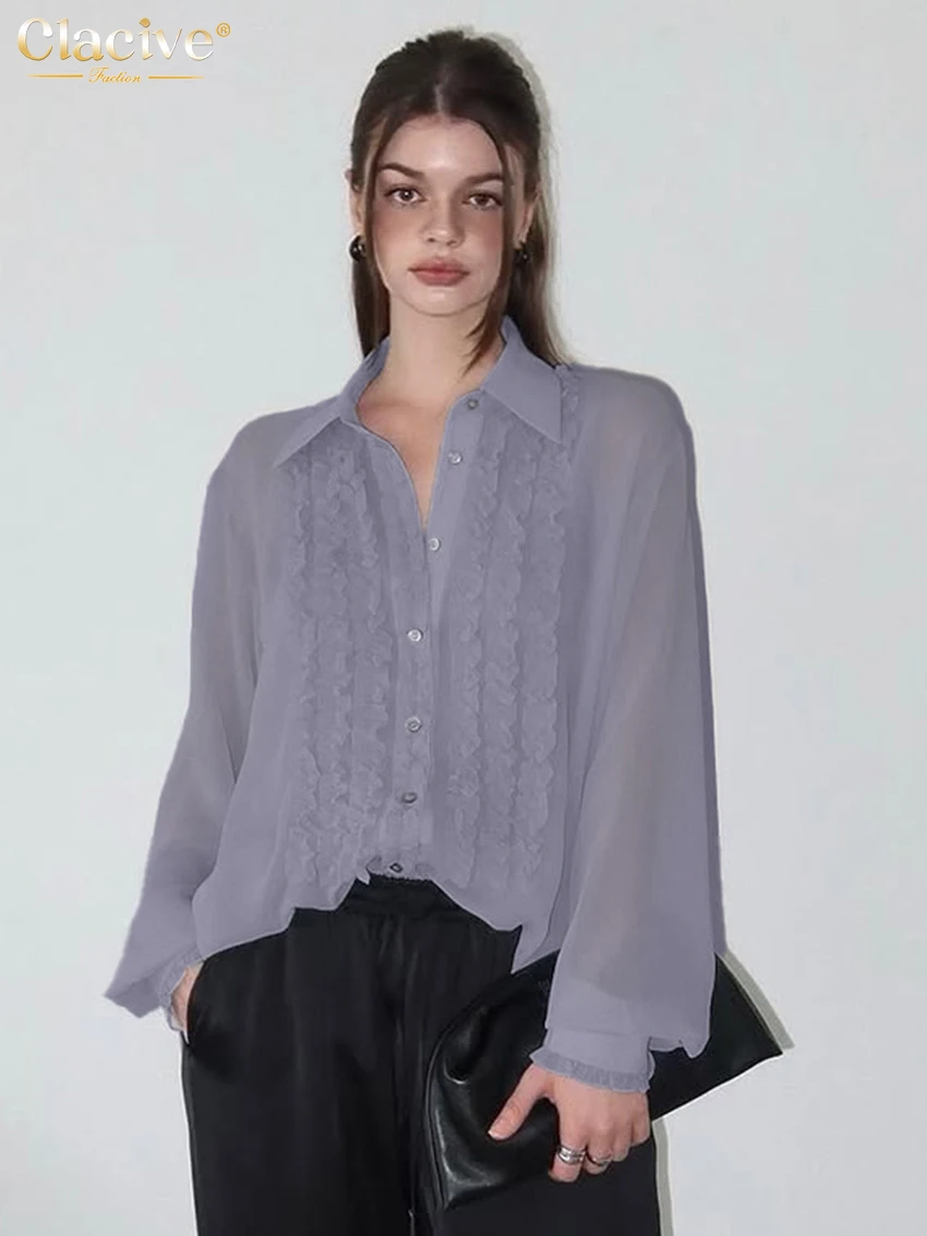 Clacive Casual Lapel Long Sleeve Women's Shirt 2027 Spring Lapel Long Sleeve Blouse Elegant Classic Ruffles Top Female Clothing