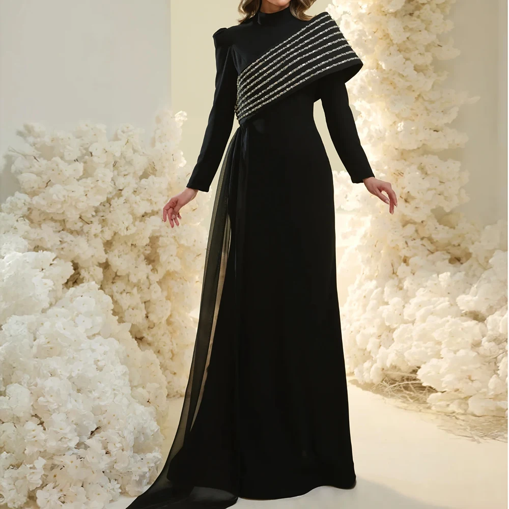 

Customized A-line Evening Dresses Floor-length High-neck Full Sleeve Prom Gown Fashion Sequined Crystal Simple Draped Party Gown