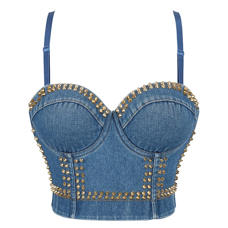 

Sexy Women's Denim Bustier Crop Top Ladies Spaghetti Strap Camis Overbust Rivet Style Push Up Punk Corsets Bra Tops