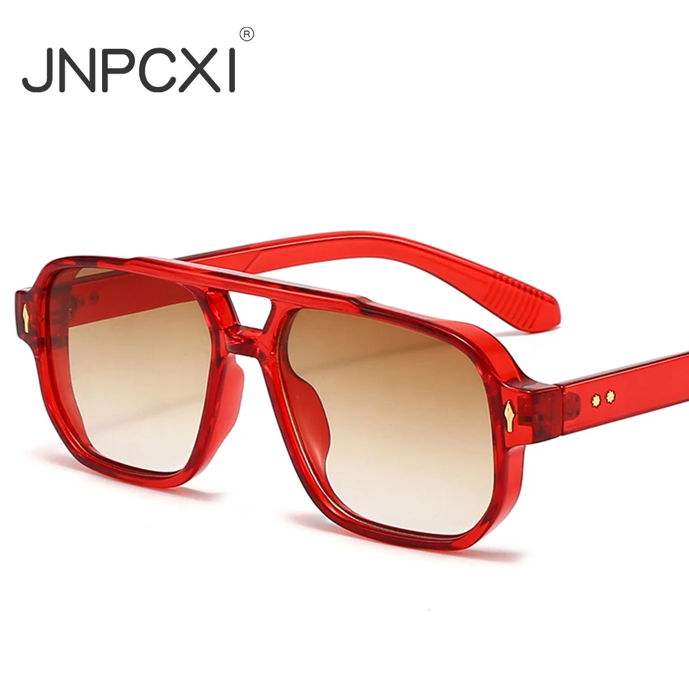 JNPCXI New Vintage Double Bridges Men Square Sunglasses Fashion Tea Ocean Lens Eyewear Women Trending Rivets Sun Glasses UV400