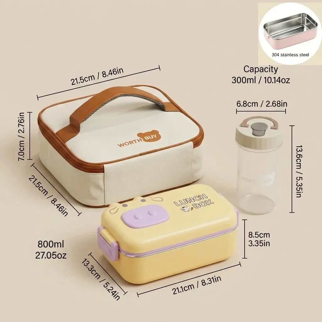 Schattige plastic bentobox voor kinderen, geschikt voor school, magnetronbestendig, lekvrij, ideaal voor het bereiden en bewaren van maaltijden, met vakken en bestek.