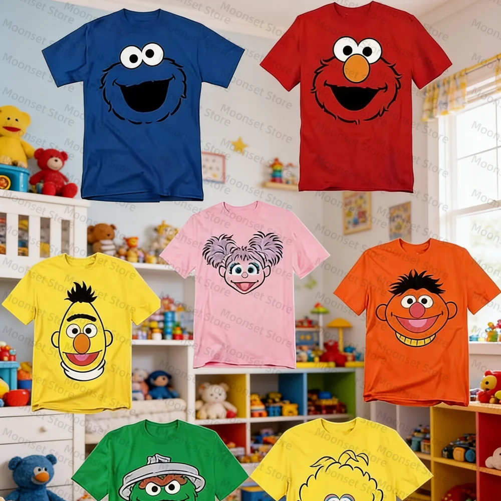 Sesame Street - Paquete de 4 camisetas para niños y niñas, Elmo, Oscar, Big Bird, Cookie Monster, personajes de dibujos animados, tela suave y elástica