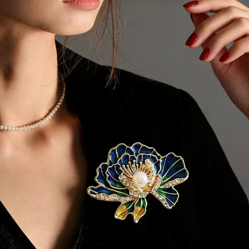 New 2026 women's dressing pins, blue Mina paint, painted with blooming pearl in the form of flower and paper, perfect for weddings and clothes, fancy metal jewelry for women