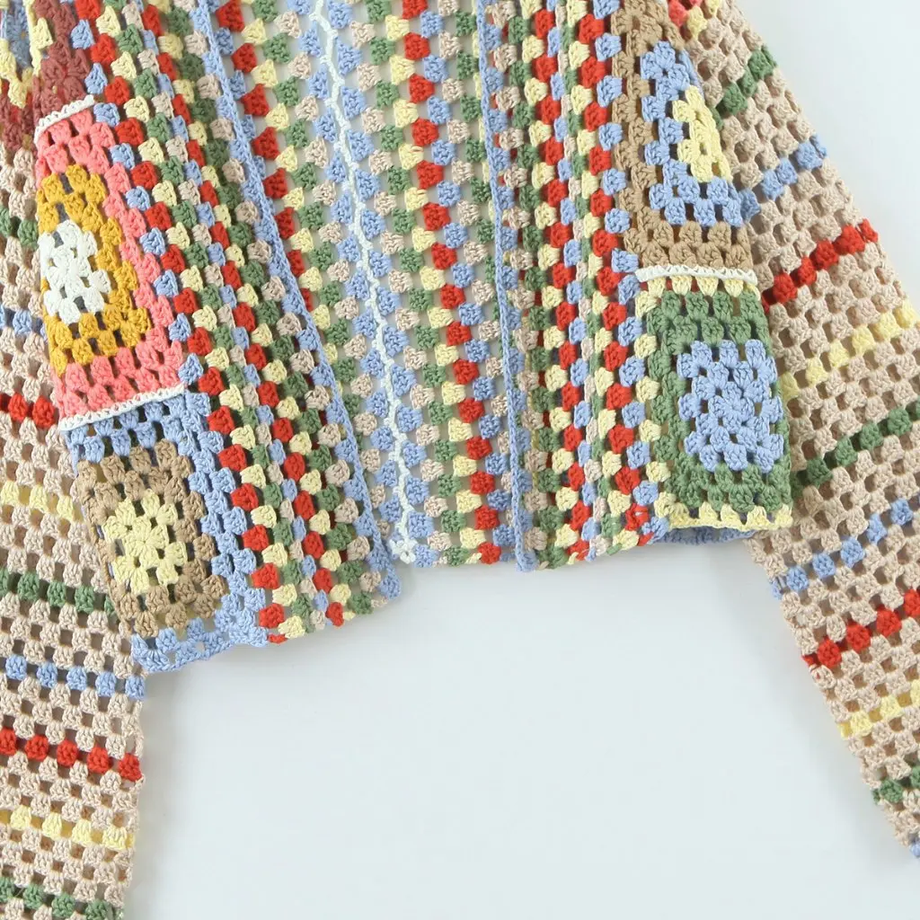 

Women's Handmade Crochet Cut out Knitwear Loose Top Retro Colorful Fashion Autumn European American Style