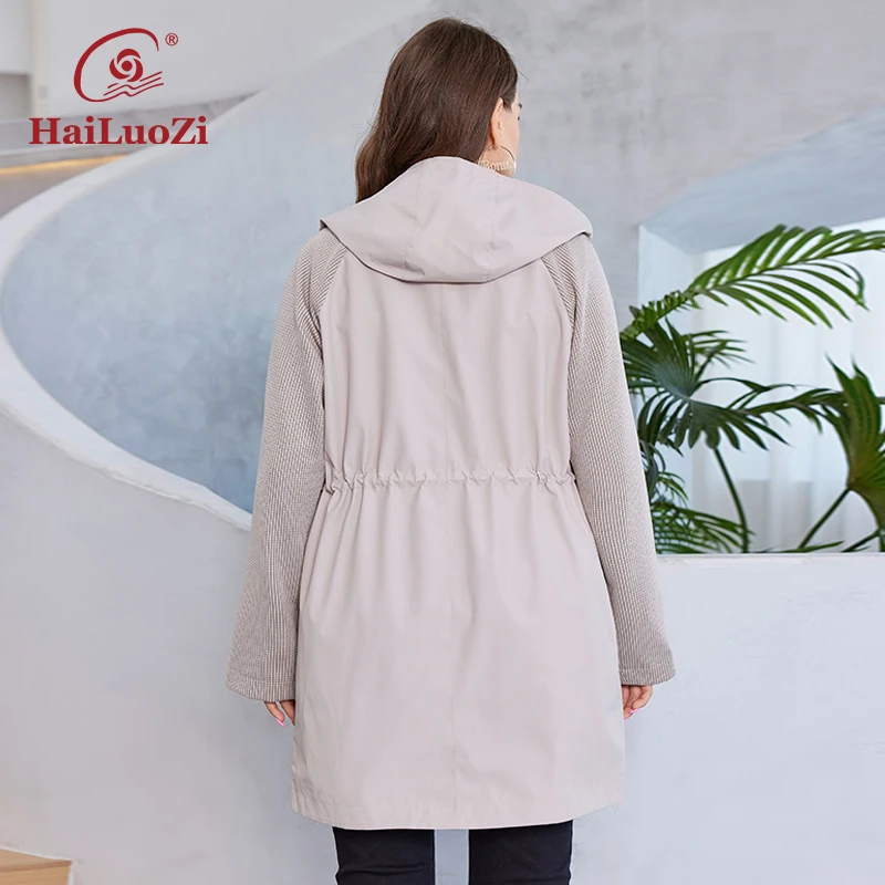 HaiLuoZi 2023 New Autumn Plus Size Women Trench Coat Windproof Mid-Long Female Clothing Hooded Drawstrings Women\'s Jacket 730