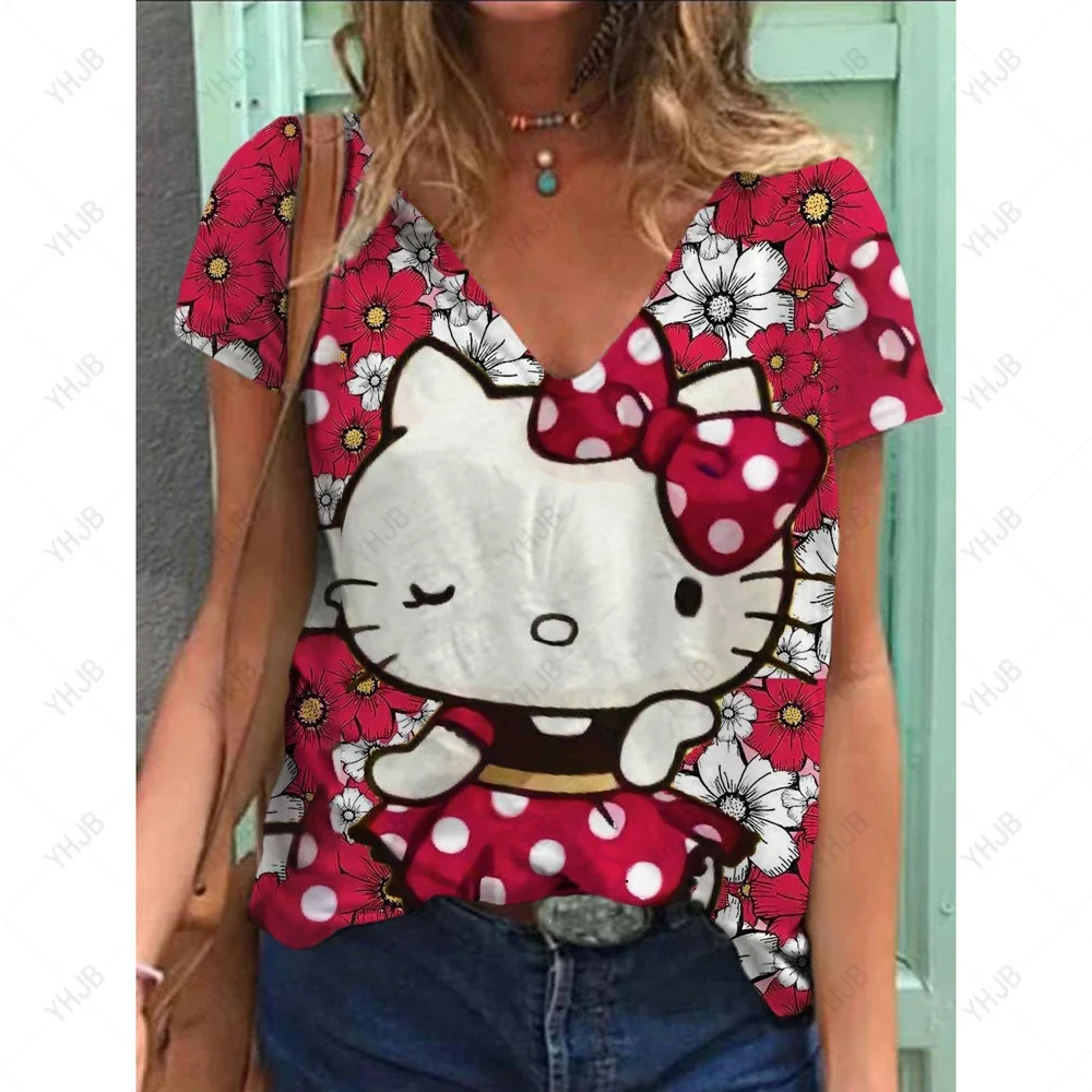 Summer Cartoon T-shirts Pocket Tops Hello Kitty V Neck Woman Clothes Fashion T-shirt Top Women 2025 Comfortable Tees