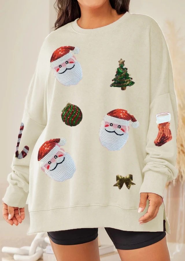 Womens Christmas Sweatshirts Sequin Santa Graphic Prints Oversized Hooodie Long Sleeve Crew Neck Losoe Pullovers Tops