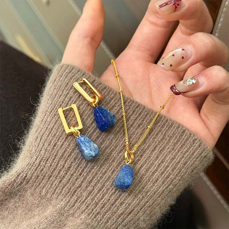 

Luxury High Quality Brass Jewelry Natural Irregular Lapis Lazuli Necklace Earring Set Female Summer Jewelry Gifts