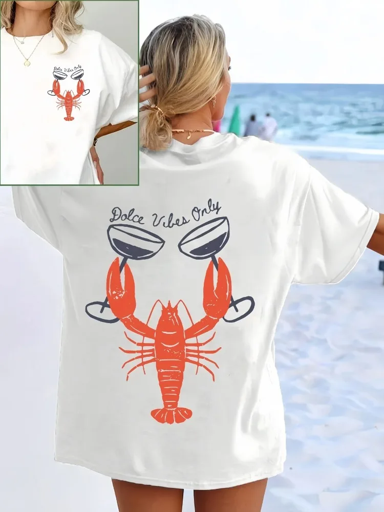 Lobster and Wine Glass Printed Fashionable Women's Short Sleeved T-shirt for Casual and Versatile Summer Daily Wear and Outings