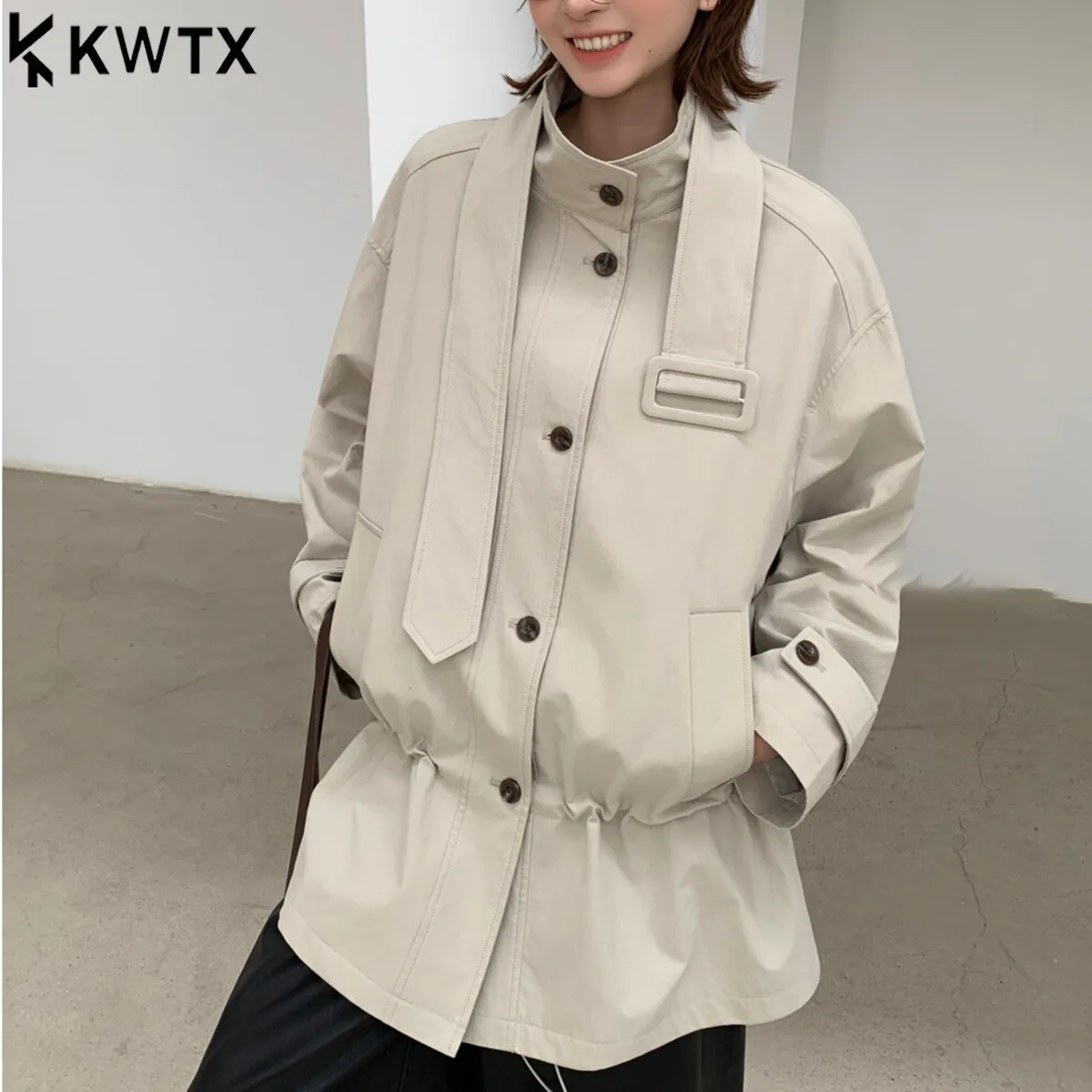 

KWTX Women's Short Oversized Trench Coat Stand Collar With Tie,Minimalist Solid Color, Versatile Elegant Workwear Casual Fashion