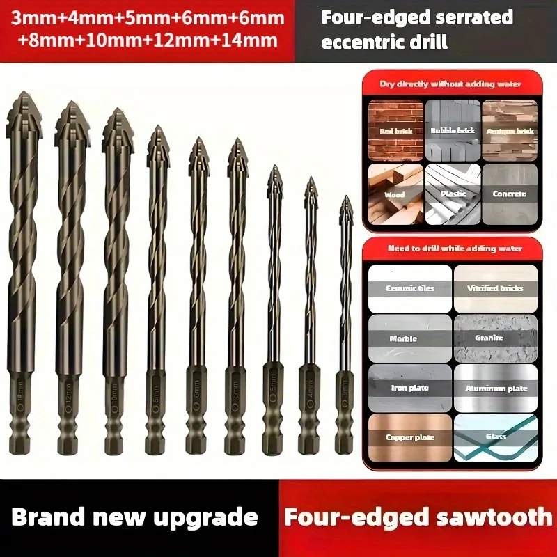 Набор из 9 зубчатых эксцентриковых сверл с канавкой, сухое сверление бетона, плитки, керамики, дерева и кладки, многоцелевой комплект кольцевых пил