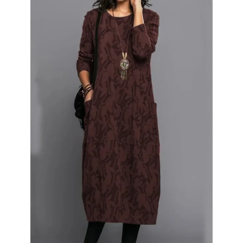 

Spring Autumn Print Oversized Dress Long Sleeve Vintage Loose Maxi Dress Women O-neck Pocket Design Dresses