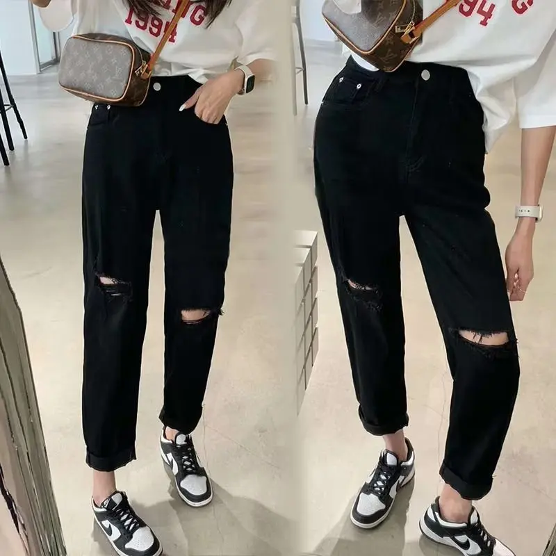 Women's High Waist Skinny Jeans Summer Thin Elastic Loose Fit Black Hole Ripped Straight Leg Pants Nine Points Small Size