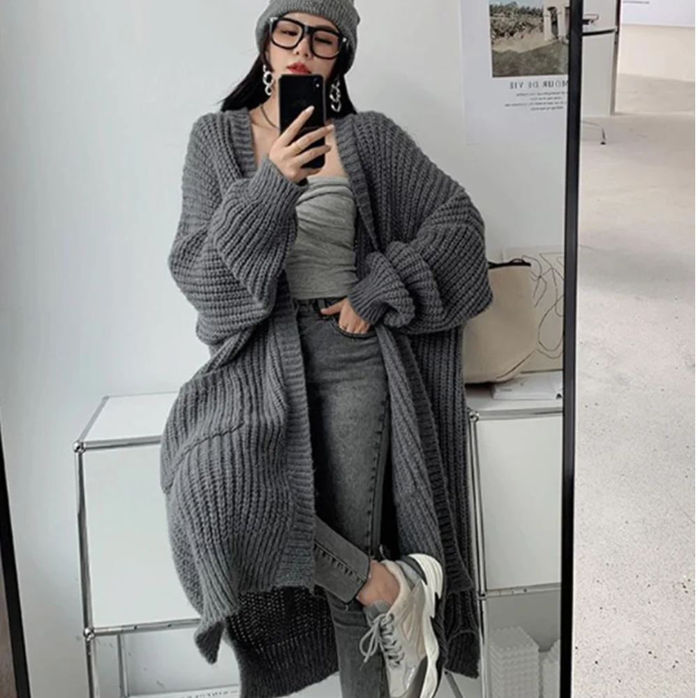 Autumn Winter Chic Long V-Neck Sweater Cardigan Women Casual Loose Gray Pocket Coats New Knitted Jackets Lady Basic Joker Tops