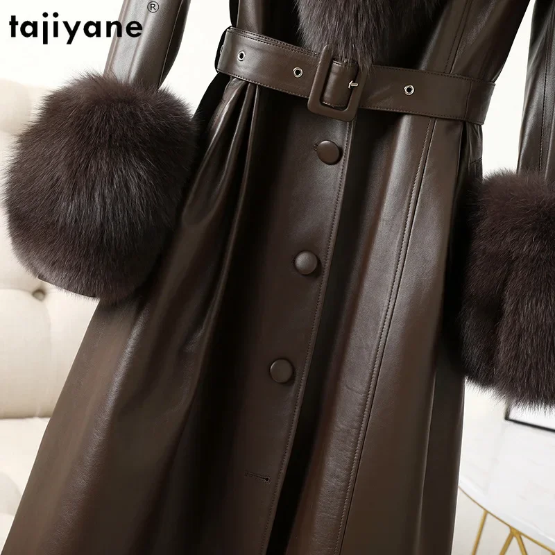 Tajiyane Veste en cuir véritable pour femme, manteau long 2023 peau de mouton, col en fourrure de renard de luxe, vestes en cuir minces, super qualité, hiver 100%